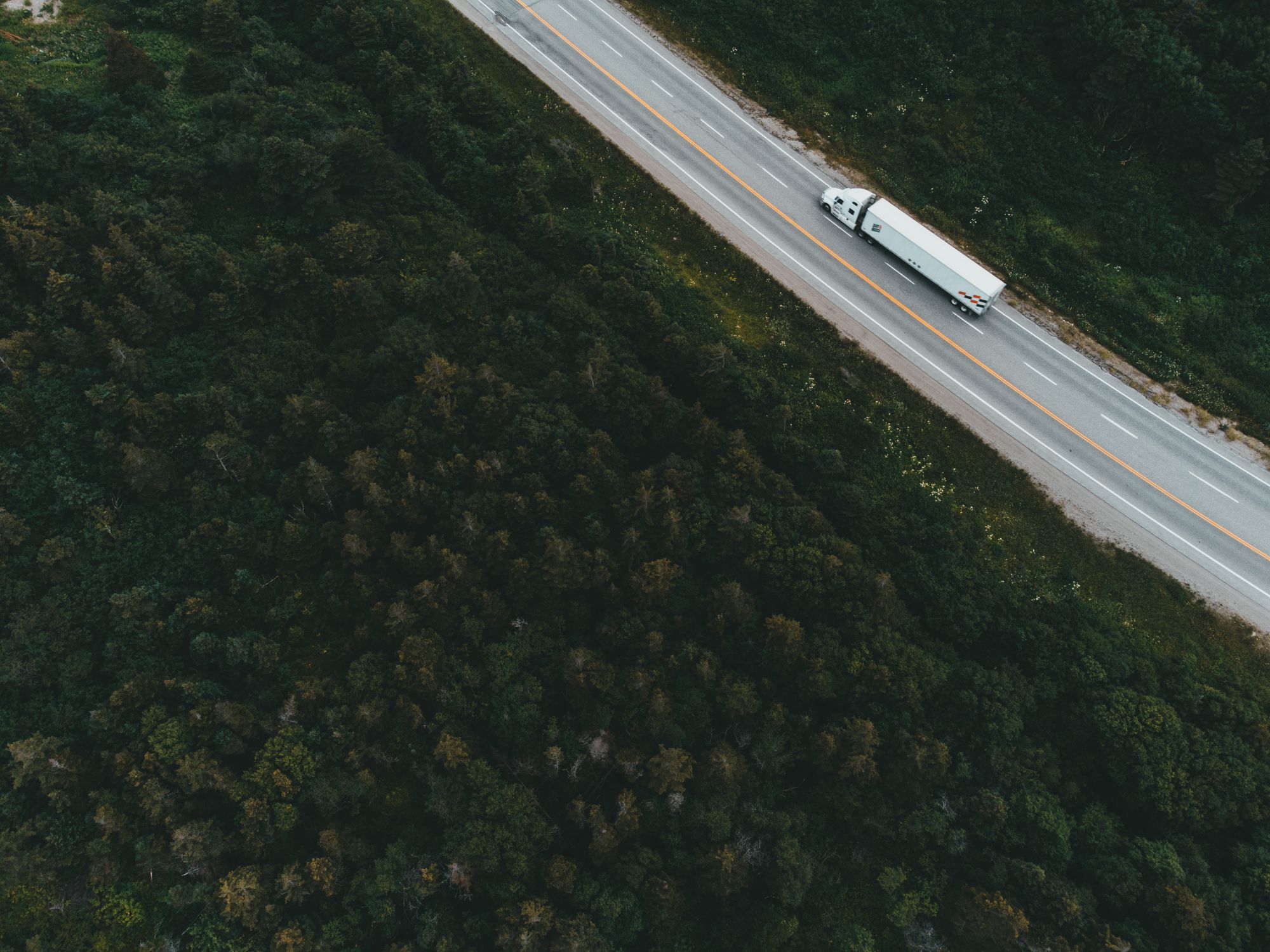 Vista aérea de un camión de transporte de carga recorriendo una ruta entre bosques
